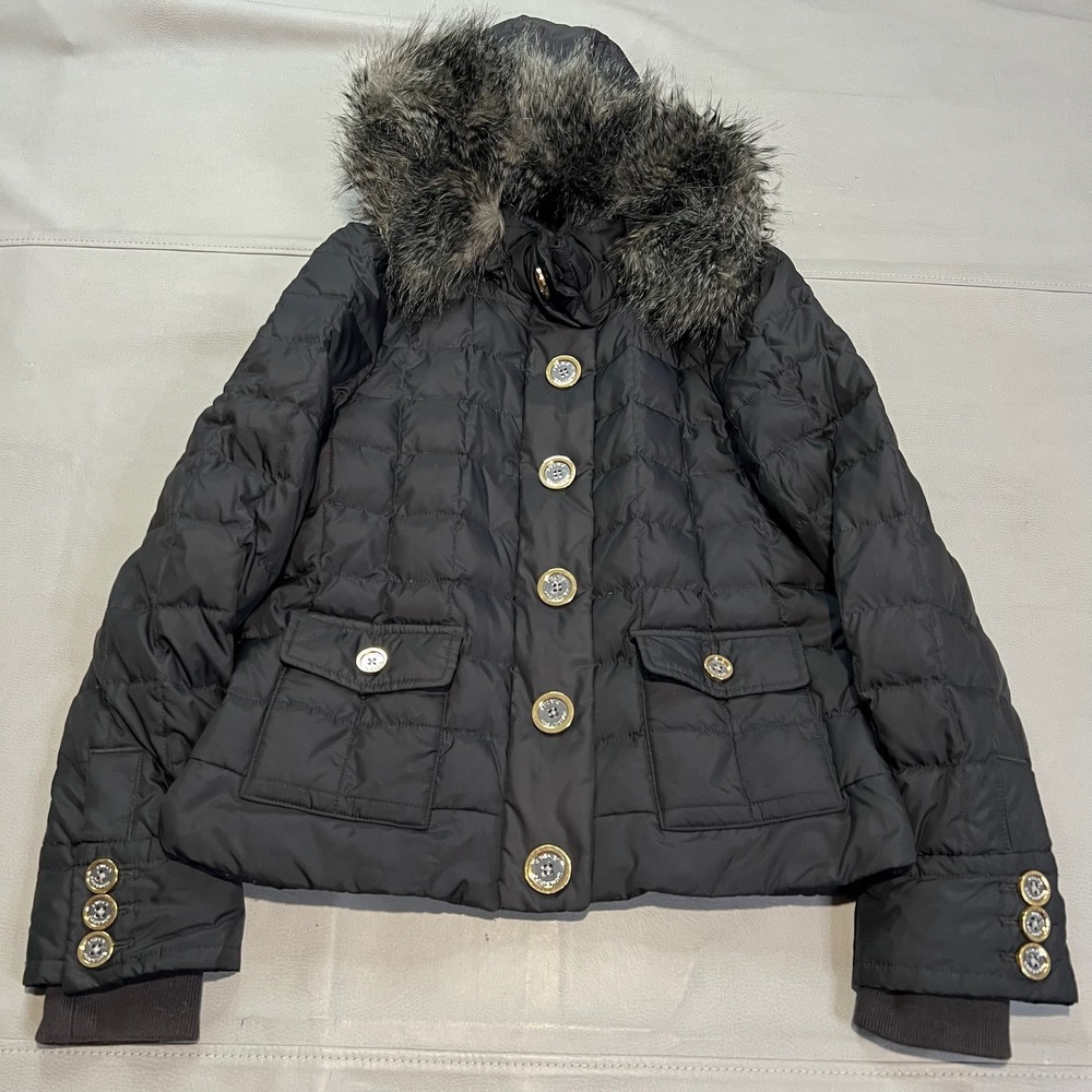 VTG Y2K Juicy Couture Black Quilted Double Down Puffer Jacket Faux Fur Hoodie S - Picture 1 of 9